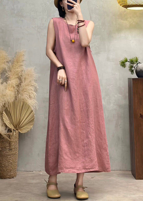 O Dresses Side Back Summer Button Pink Neck Linen Open