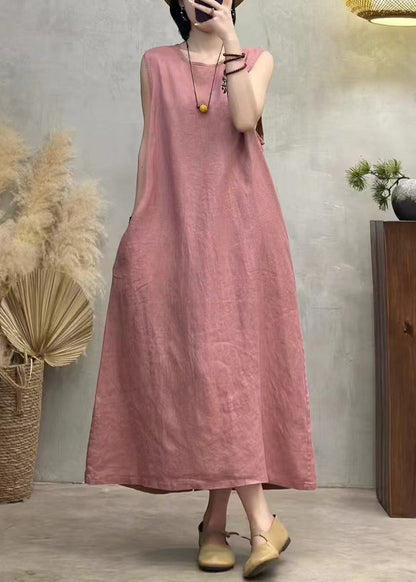 O Dresses Side Back Summer Button Pink Neck Linen Open