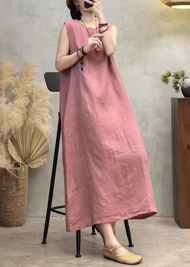 O Dresses Side Back Summer Button Pink Neck Linen Open