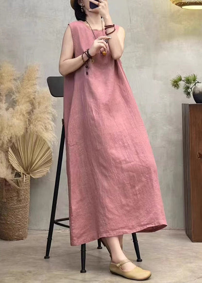 O Dresses Side Back Summer Button Pink Neck Linen Open