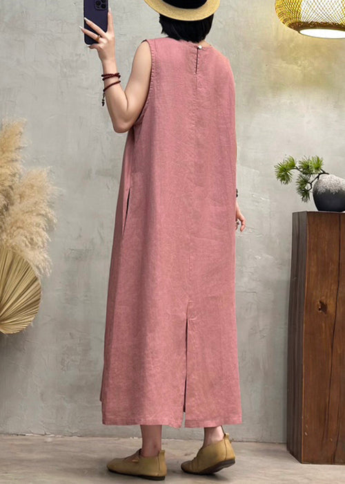 O Dresses Side Back Summer Button Pink Neck Linen Open