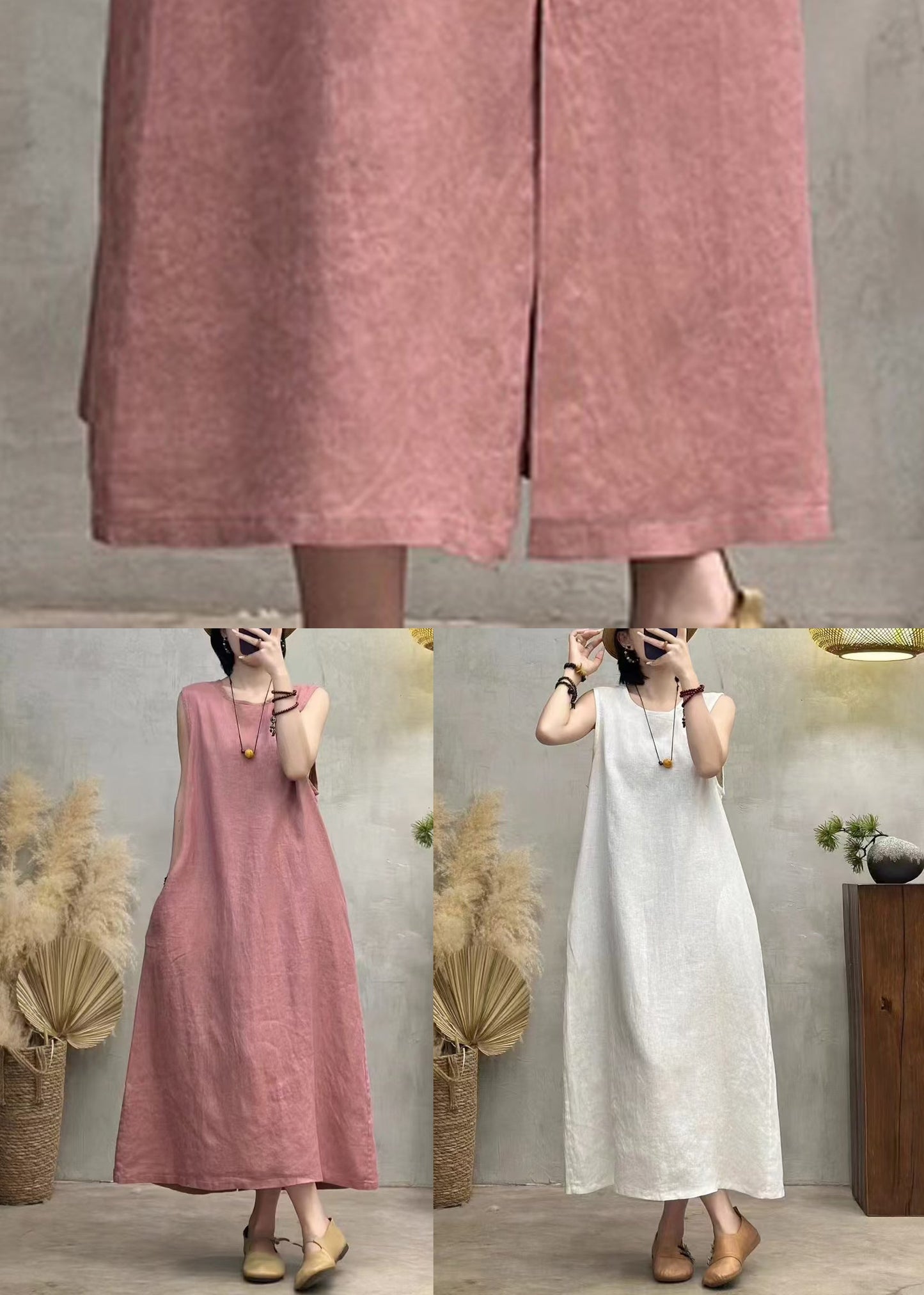 O Dresses Side Back Summer Button Pink Neck Linen Open
