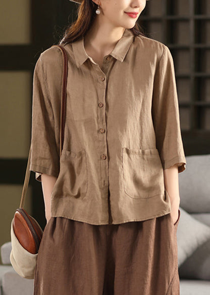 Sleeve Pink Blouses Button Bracelet Linen Pan Pockets Peter