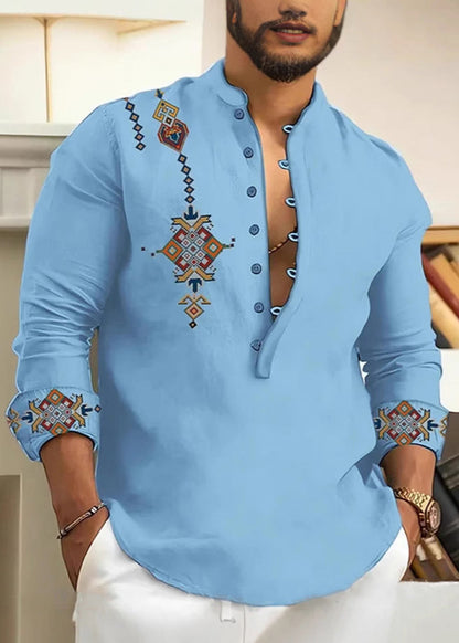 Cotton Print Oversized Collar Button Pink Stand Fall Shirts Men