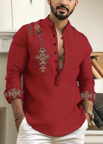 Cotton Print Oversized Collar Button Pink Stand Fall Shirts Men