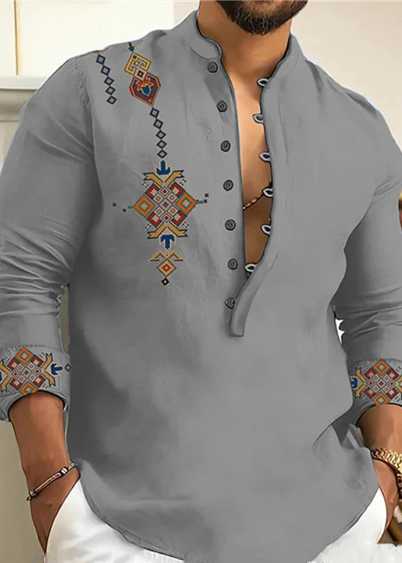 Cotton Print Oversized Collar Button Pink Stand Fall Shirts Men