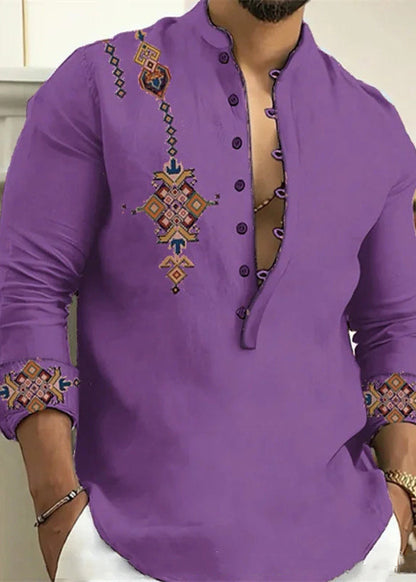 Cotton Print Oversized Collar Button Pink Stand Fall Shirts Men