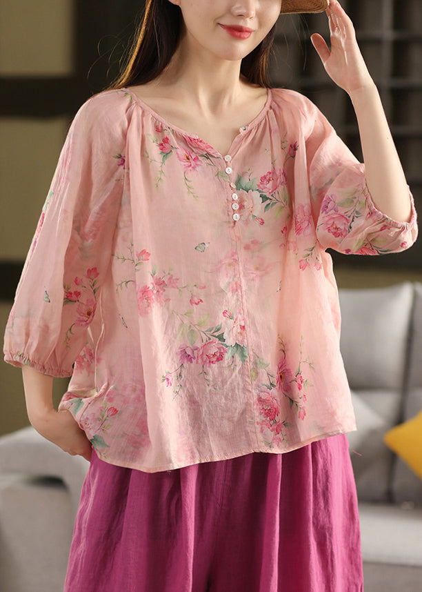 Print Button Pink V Summer Neck Blouse Linen Top