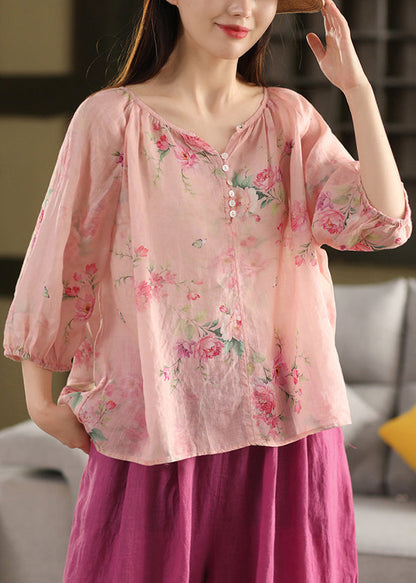 Print Button Pink V Summer Neck Blouse Linen Top