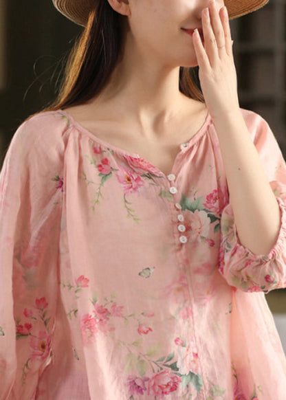 Print Button Pink V Summer Neck Blouse Linen Top