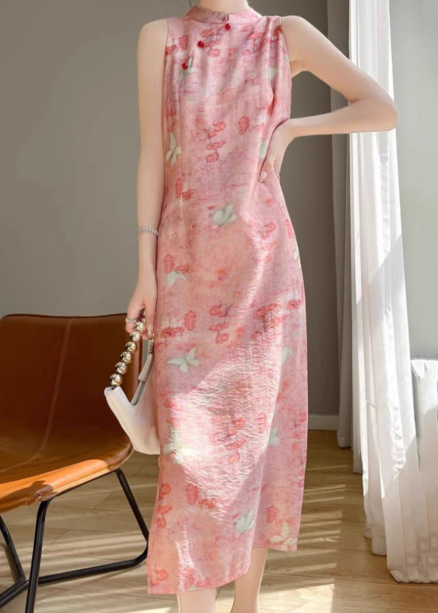 Button Long Dresses Cotton Summer Silk Collar Pink Stand