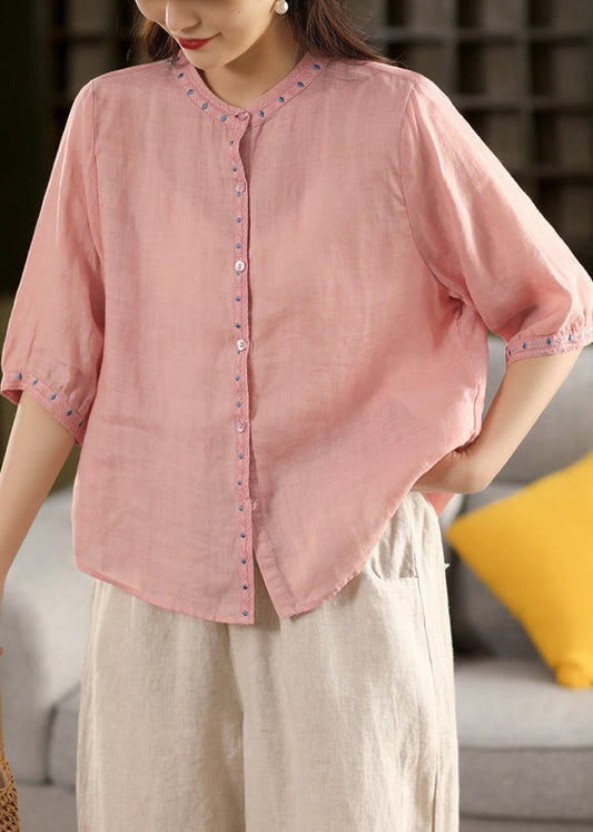 Solid Summer Button Embroidered Linen Blouse Pink