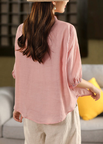 Solid Summer Button Embroidered Linen Blouse Pink