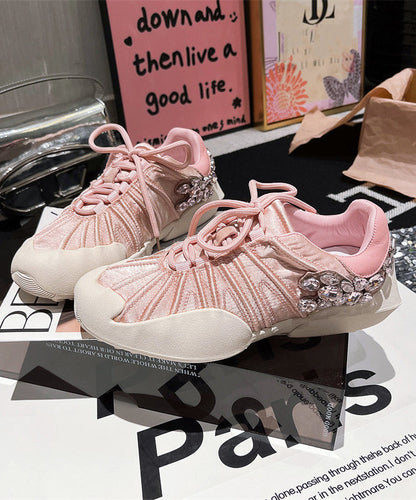 Flat Lace Pink Women Splicing Canvas Zircon Shoes Up For