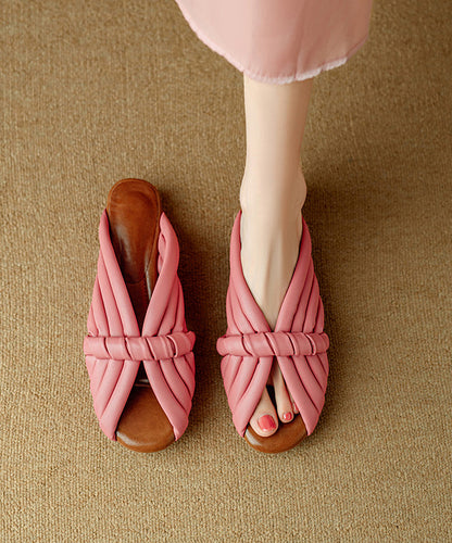 Cowhide Peep Toe Leather Pink Splicing Slide Sandals