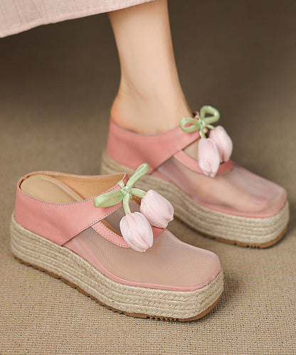 Tulle Sandals Leather Cowhide Pink Heels Splicing Wedge Slide
