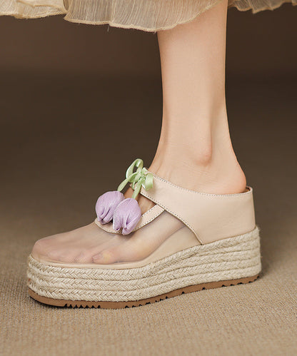 Tulle Sandals Leather Cowhide Pink Heels Splicing Wedge Slide
