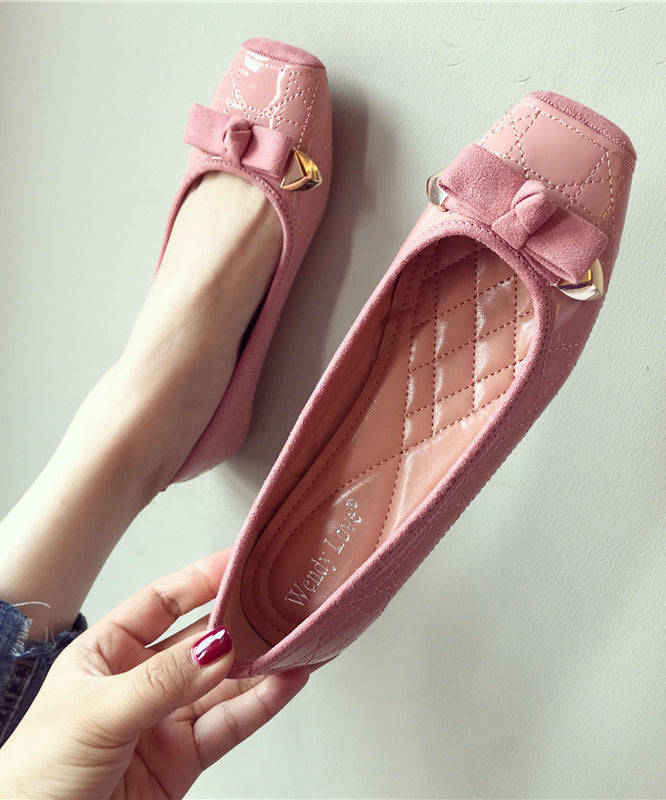 Toe Leather Splicing Flats Pink Women Square Faux Bow
