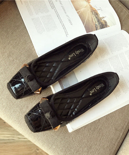 Toe Leather Splicing Flats Pink Women Square Faux Bow