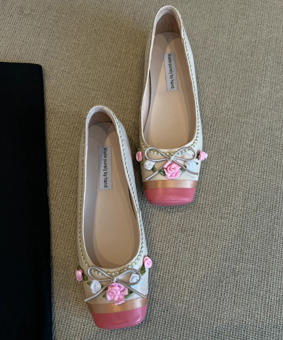 Flat Women Shoes Floral Pink French Embroidered For Splicing