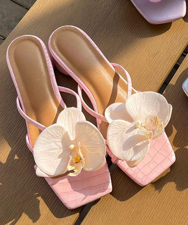 Splicing Sandals Floral Chunky Peep Toe Pink Slide