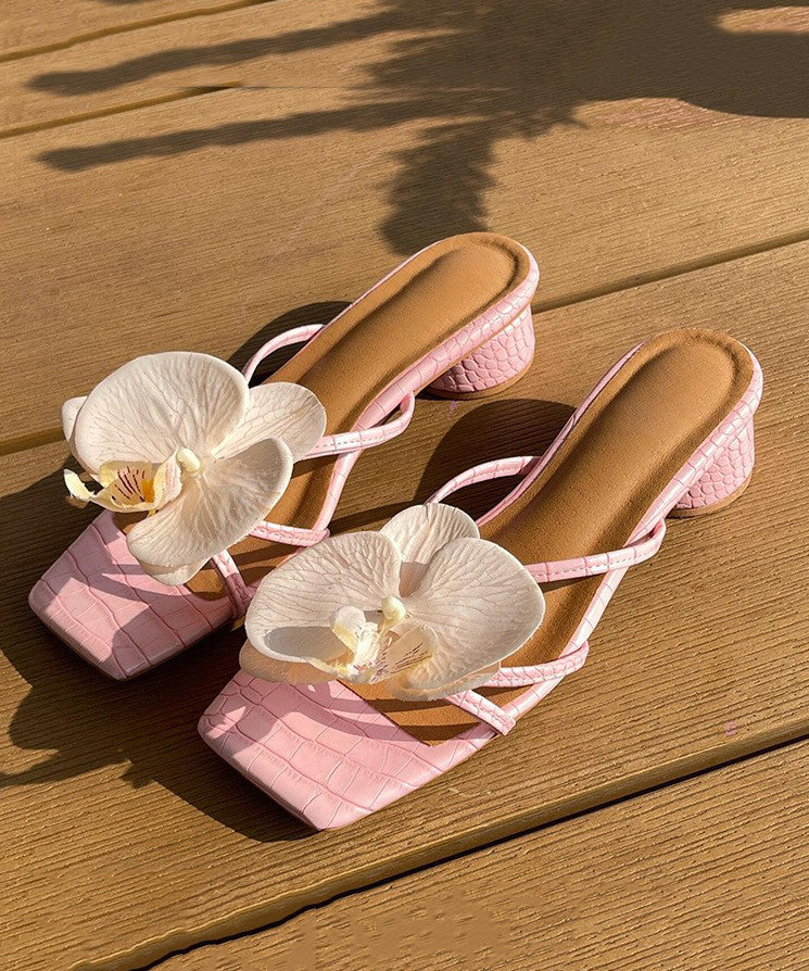 Splicing Sandals Floral Chunky Peep Toe Pink Slide