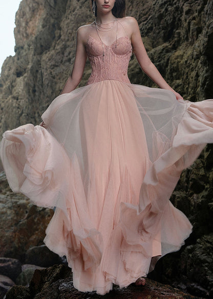 Summer Lace Dresses Backless Tulle Pink Maxi Patchwork