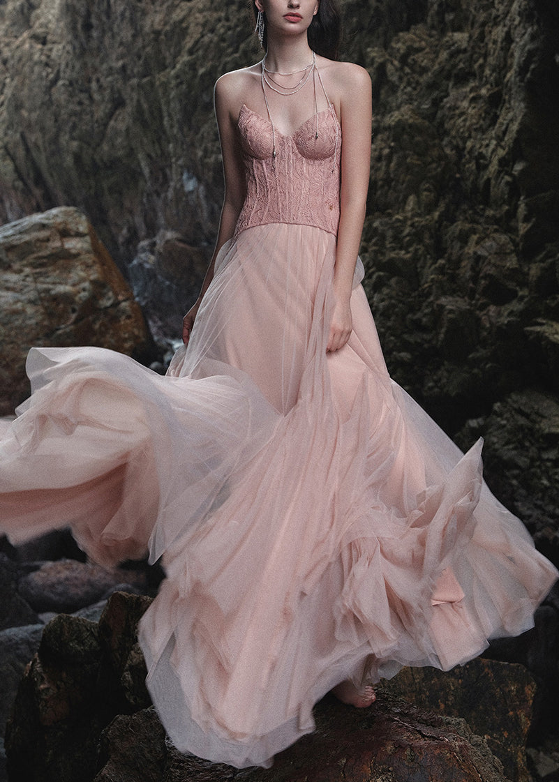 Summer Lace Dresses Backless Tulle Pink Maxi Patchwork