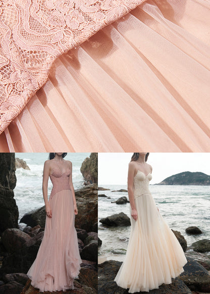 Summer Lace Dresses Backless Tulle Pink Maxi Patchwork