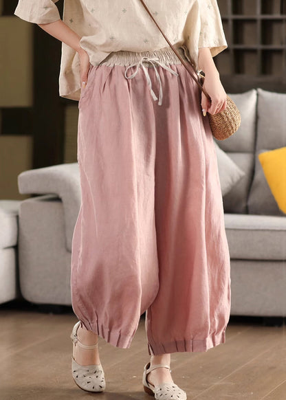 Waist Summer Lace Up Pants Linen Pink Patchwork Elastic Crop