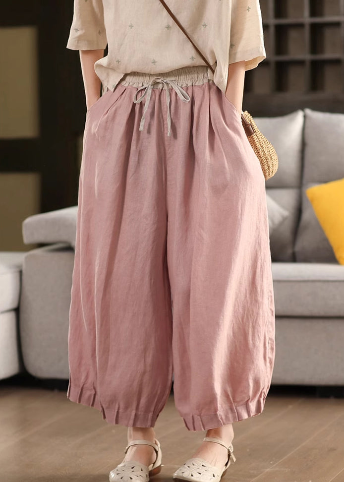 Waist Summer Lace Up Pants Linen Pink Patchwork Elastic Crop