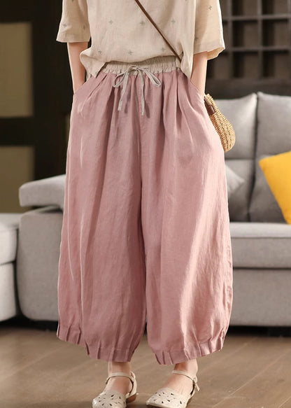 Waist Summer Lace Up Pants Linen Pink Patchwork Elastic Crop