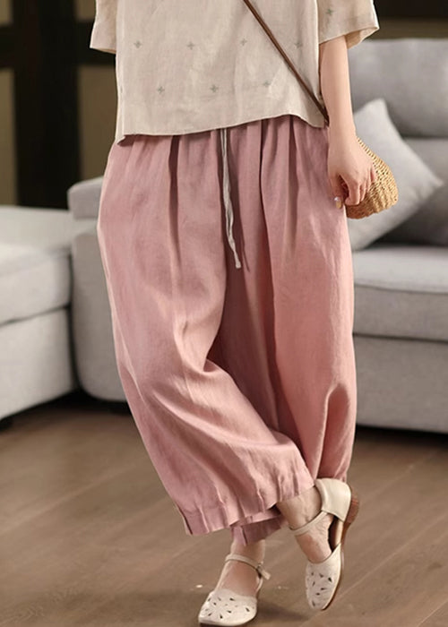 Waist Summer Lace Up Pants Linen Pink Patchwork Elastic Crop
