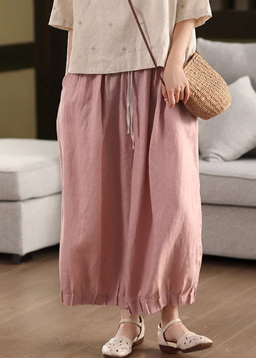 Waist Summer Lace Up Pants Linen Pink Patchwork Elastic Crop