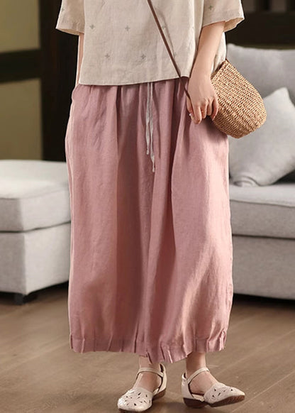 Waist Summer Lace Up Pants Linen Pink Patchwork Elastic Crop