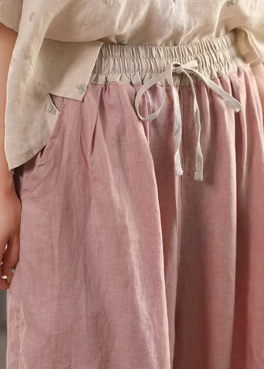 Waist Summer Lace Up Pants Linen Pink Patchwork Elastic Crop