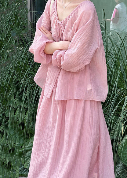 Lace Silk Two Up Wrinkled Shirt Pieces Skirts Set Pink Fall And