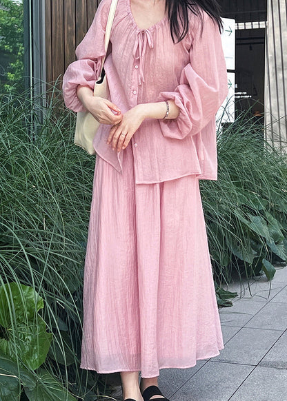 Lace Silk Two Up Wrinkled Shirt Pieces Skirts Set Pink Fall And