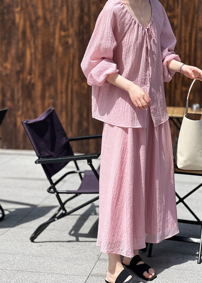 Lace Silk Two Up Wrinkled Shirt Pieces Skirts Set Pink Fall And