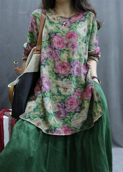 Pink Low High Design Linen Shirt O-Neck Long Sleeve GG039