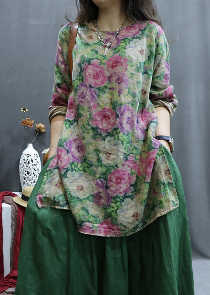 Pink Low High Design Linen Shirt O-Neck Long Sleeve GG039