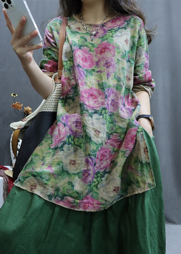 Pink Low High Design Linen Shirt O-Neck Long Sleeve GG039