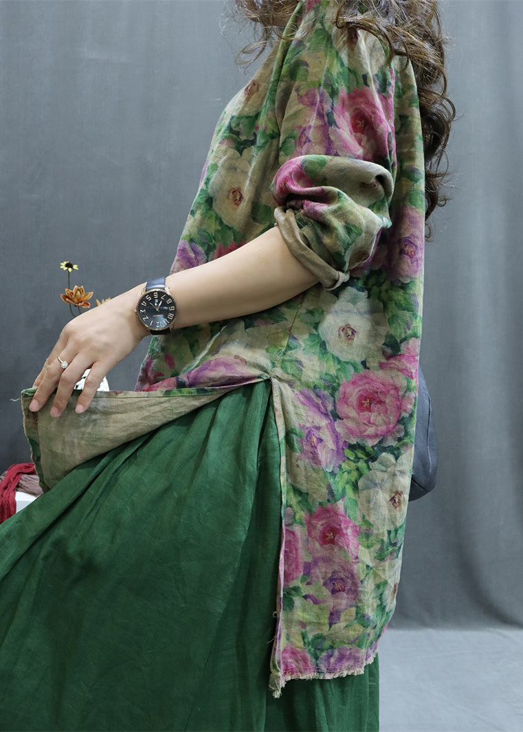 Pink Low High Design Linen Shirt O-Neck Long Sleeve GG039