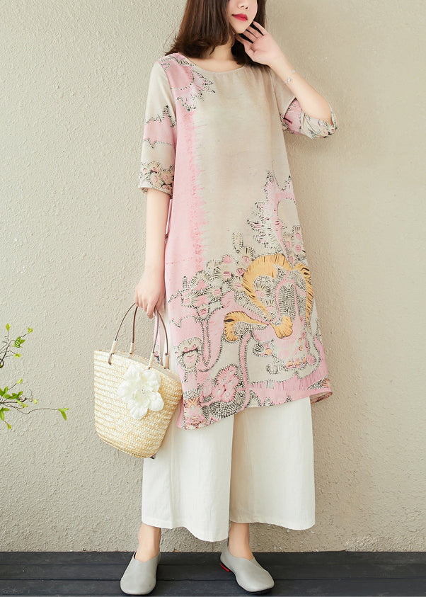 Dress Linen Pink Side Print Open Long Summer