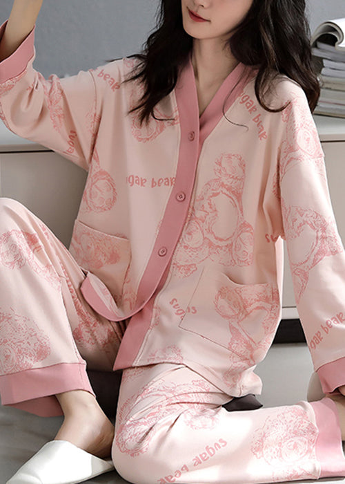 Fall Neck Pockets V Pajamas Print Pink Set Two-Piece Cotton