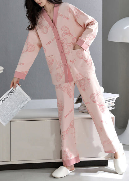 Fall Neck Pockets V Pajamas Print Pink Set Two-Piece Cotton