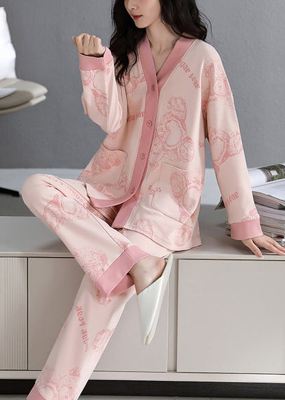 Fall Neck Pockets V Pajamas Print Pink Set Two-Piece Cotton