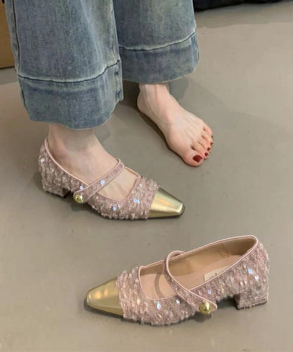 Pink Sequins Buckle Strap Splicing Chunky Heel Loafers XC1038
