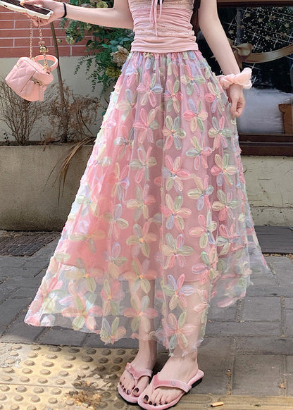 Skirts Pink Line A Tulle Sequins Waist Elastic