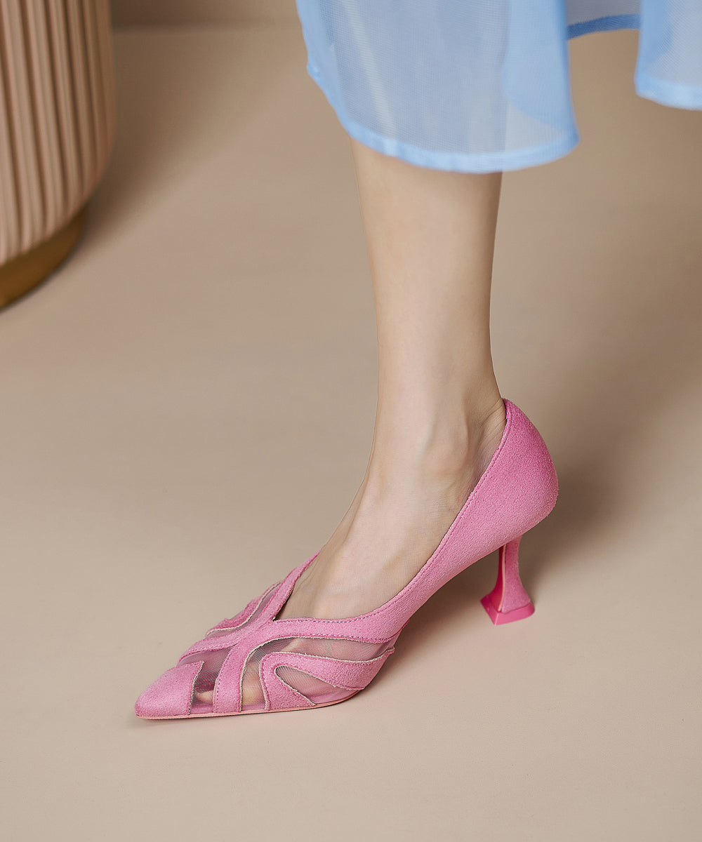 Splicing Tulle Chic Heels Suede High Pointed Toe Pink